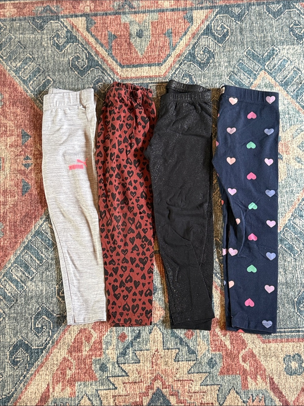 Four-Pack Heart Print & Sparkle Leggings - 
Gray, Maroon, Black, Navy